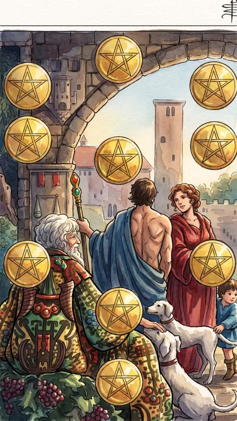 Elderly man sits with dogs beneath an archway, family and pentacles arranged around him.