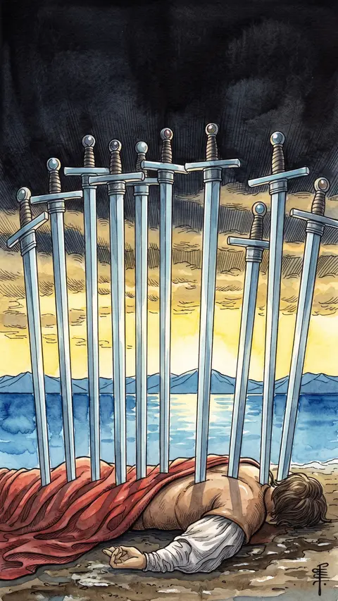 Man lies face down, ten swords in his back, dawn breaking on the horizon.