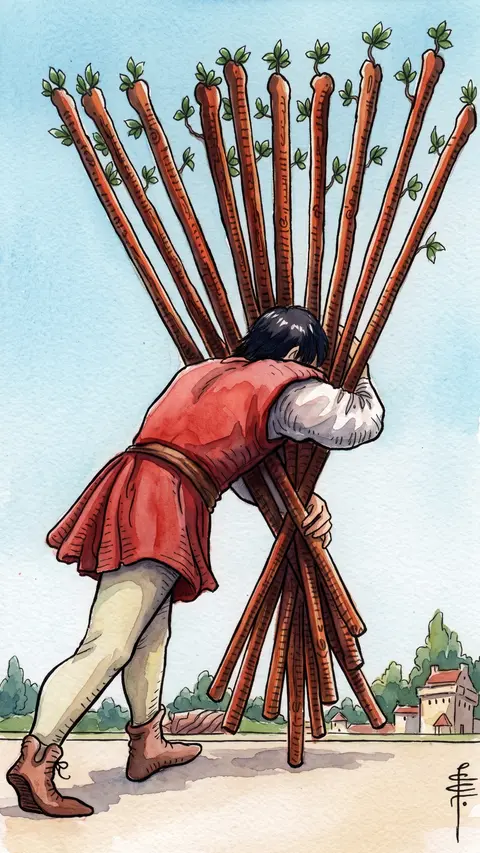 Man bends under the weight of ten wands, struggling toward a distant town.
