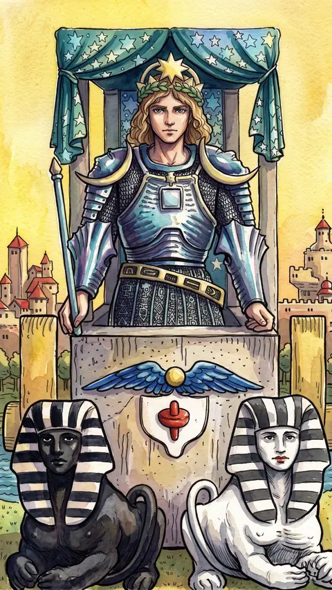 Armored figure rides a chariot, black and white sphinxes resting side by side beneath it.