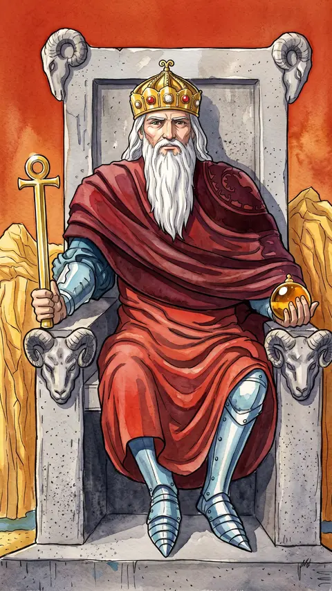 Armored king on a throne with ram's-head arms, holding an ankh scepter and a globe.