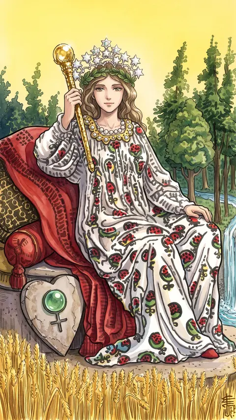 Crowned woman seated in an open field, ripening grain before her, water flowing behind.