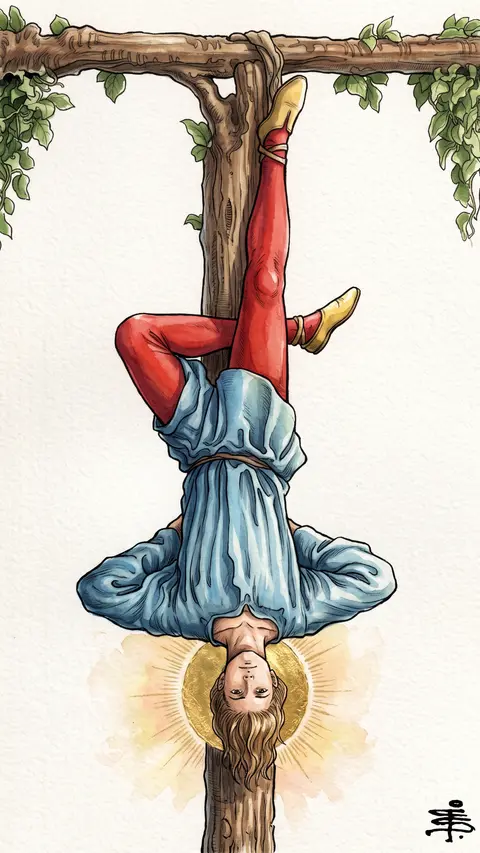 Man hangs upside down by one ankle from a beam, hands bound behind him.