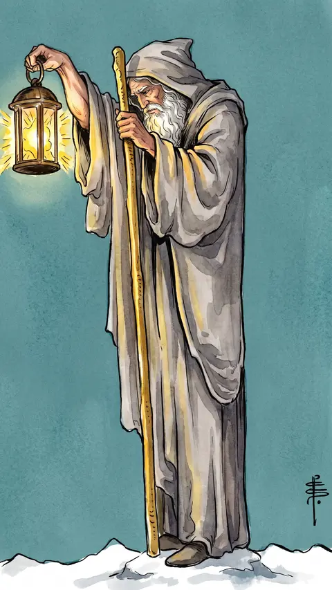 Hooded man stands on a mountainside, staff in hand, holding a star-lit lantern aloft.