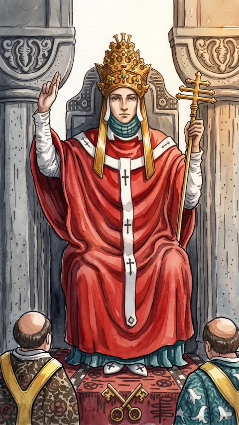 Triple-crowned figure blesses two kneeling figures, two pillars behind him, crossed keys on the ground.