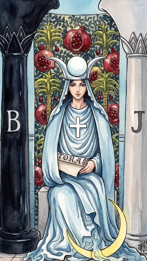 Woman seated between black and white pillars, crescent moon at her feet, scroll in lap.