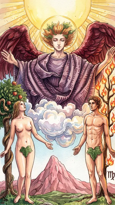 Winged figure hovers above a man and woman standing beneath trees, sun shining overhead.