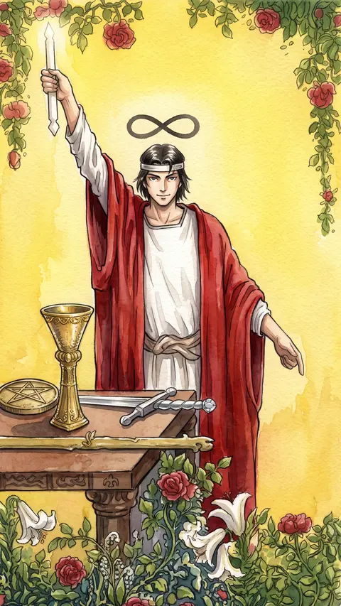 Robed figure raises a wand skyward, other hand pointing down, infinity symbol above his head.