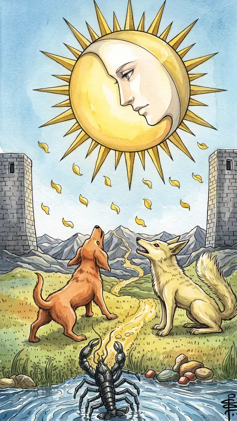 Moon with a face shines over two towers, two dogs howling on the path below.