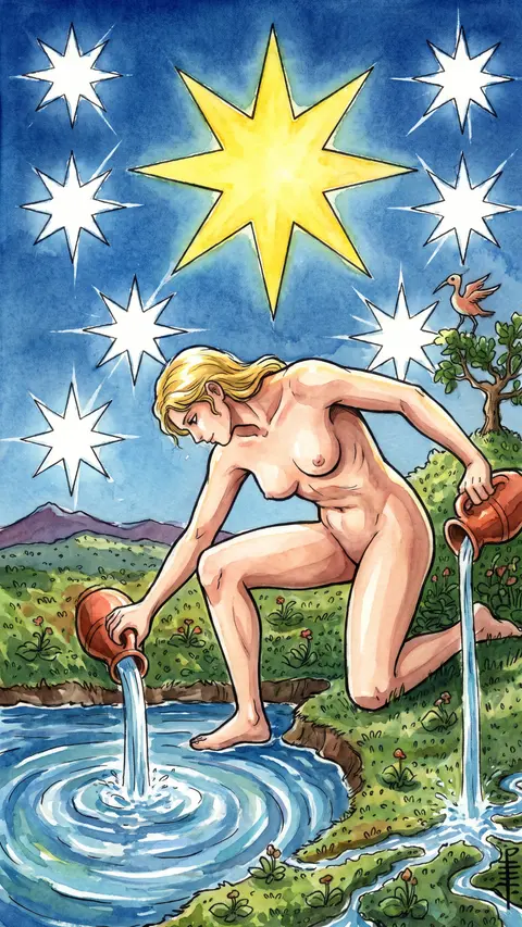 Kneeling woman pours water from two jugs under a sky full of bright stars.