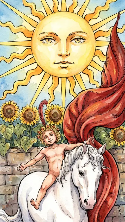 Naked child rides a white horse under the sun, sunflowers growing along a wall.