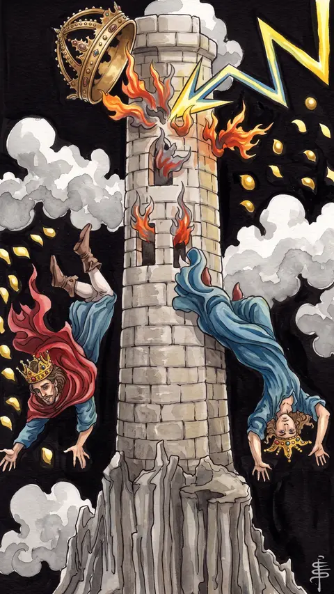 Lightning strikes a tall tower, knocking its crown loose as two figures fall headfirst.