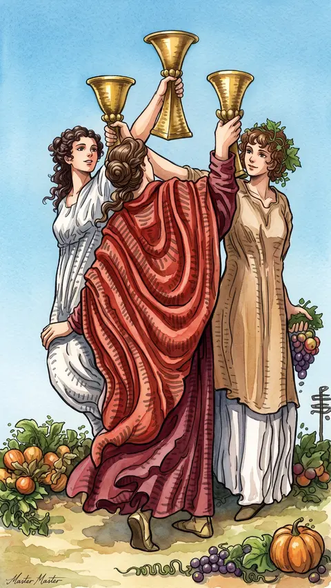 Three women dance together, raising their cups in a toast amid harvest fruit.