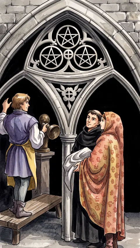 Craftsman carves a cathedral archway while two robed figures look on and observe.