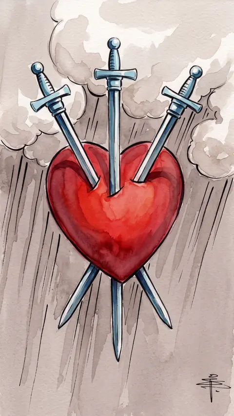 Red heart is pierced by three swords, rain falling from clouds above it.