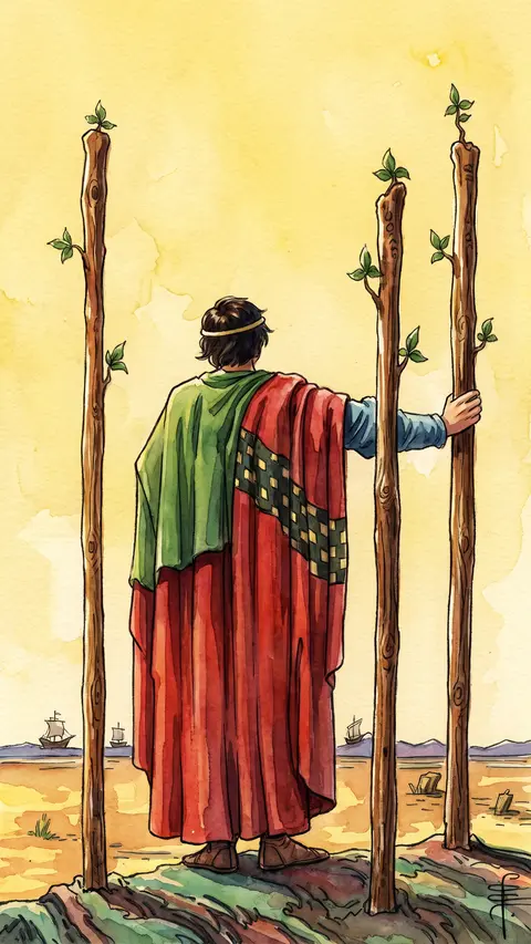 Man stands on a cliff, back turned, watching ships sail past three planted wands.