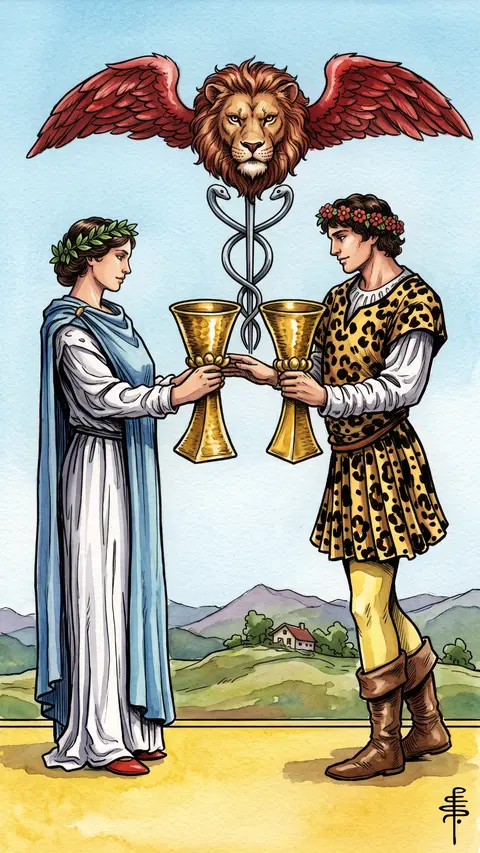 Man and woman face each other, exchanging cups beneath a winged lion's head.