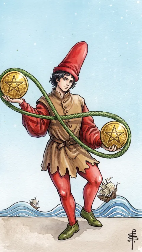 Young man juggles two pentacles joined by a looping cord, ships riding waves behind.