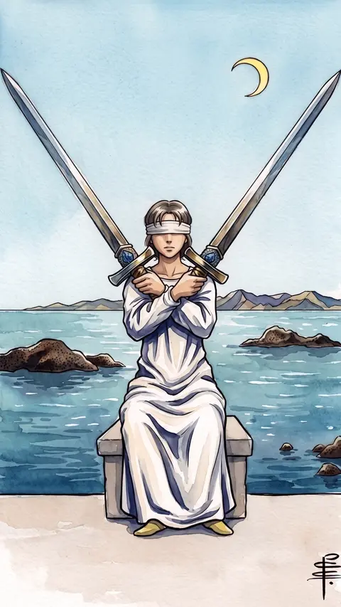 Blindfolded woman sits with two crossed swords, a crescent moon over the sea behind.