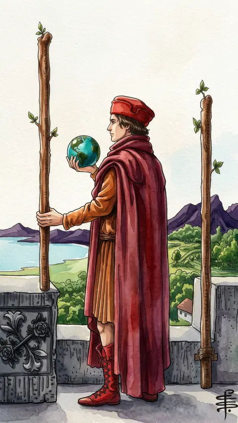 Man on a battlement holds a globe and a wand, overlooking land and sea.