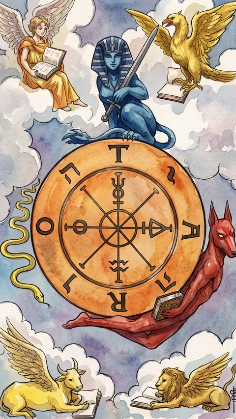 Wheel turning in the sky, a sword-bearing sphinx perched at its very top.