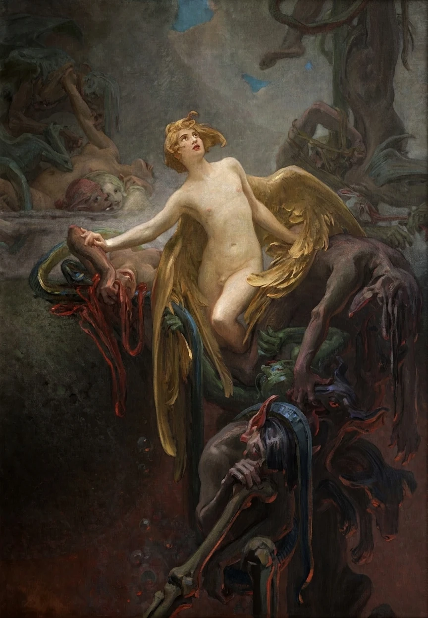 Painting of the Greek god Eros emerging at his birth, surrounded by mythological figures